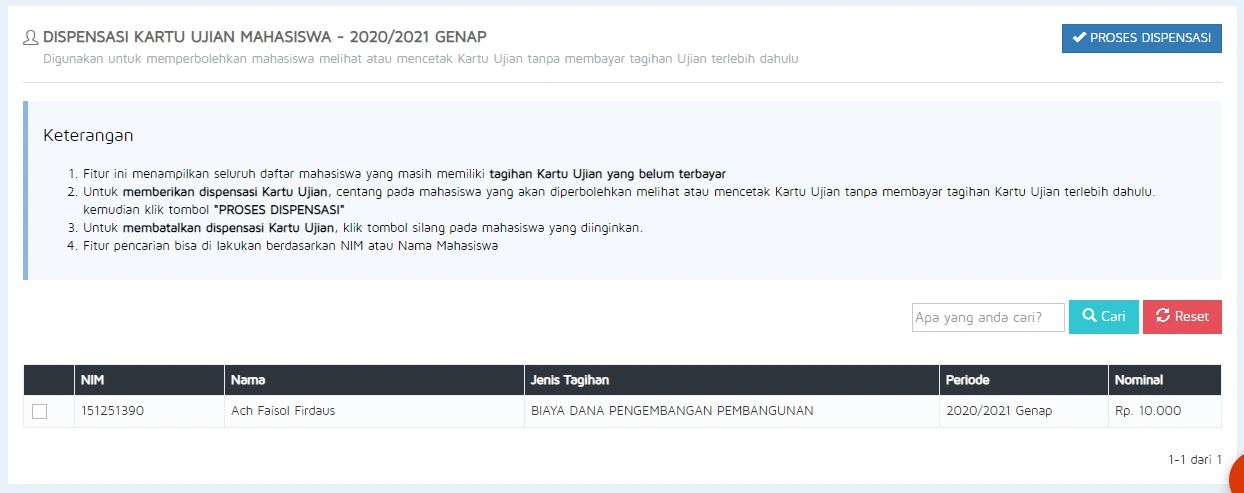 Gambar 3.7 — Dispensasi Kartu Ujian Mahasiswa