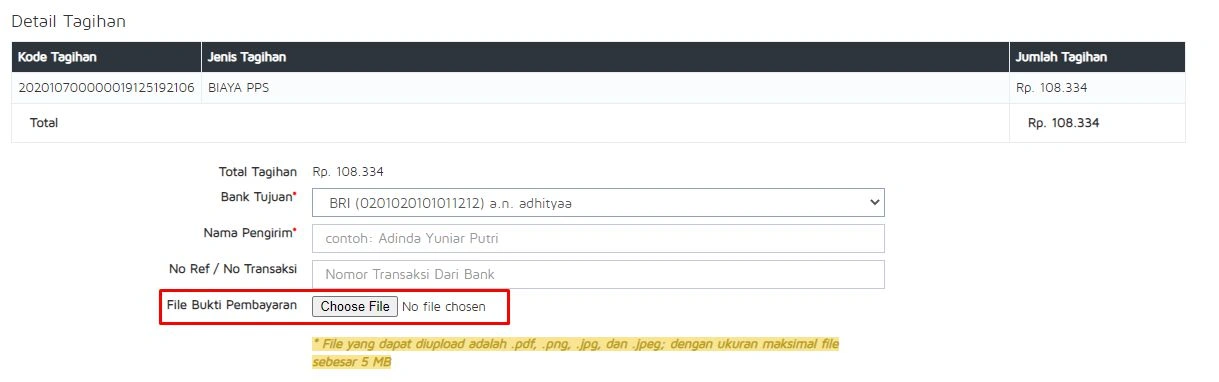 Form Upload Bukti Transfer