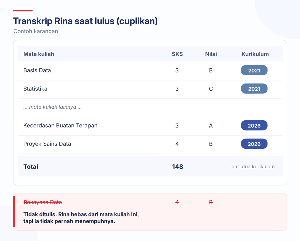 Gambar 5. Transkrip memuat mata kuliah dari dua kurikulum. Mata kuliah yang bebas tidak ikut ditulis. Contoh karangan.