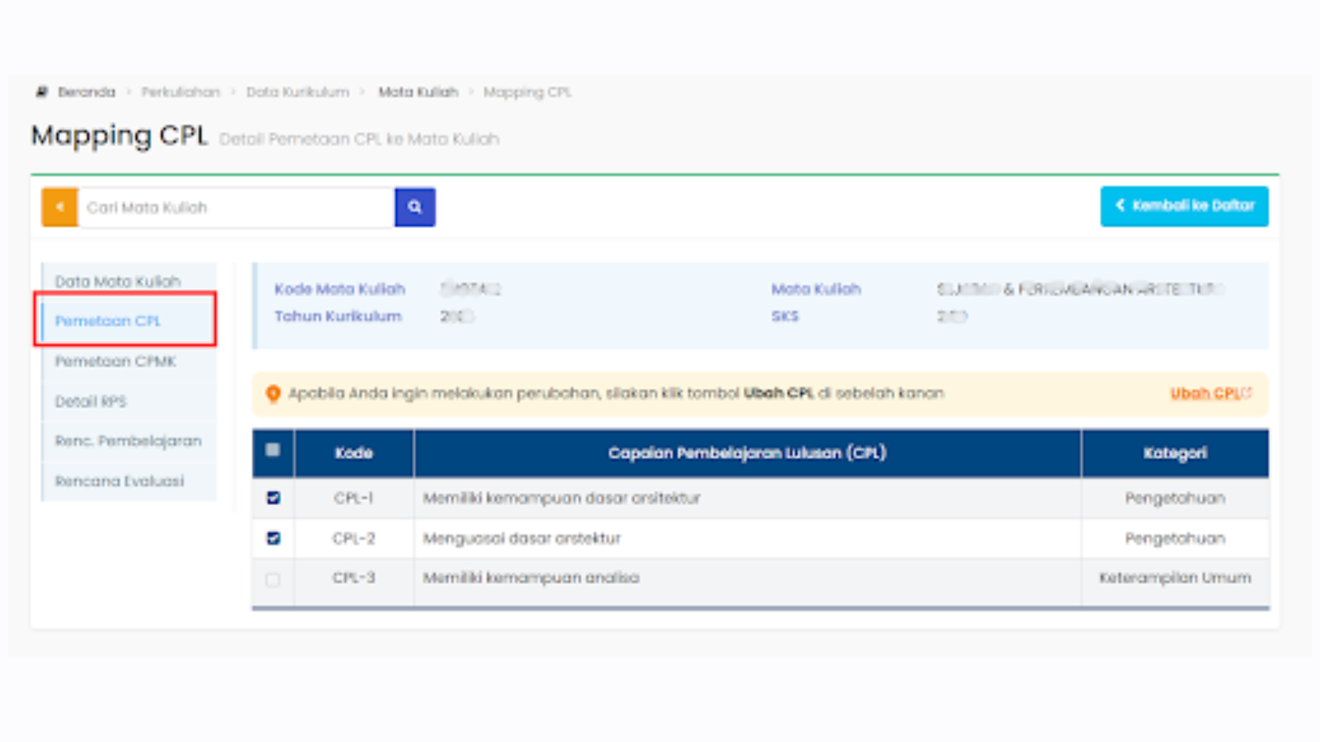 Pemetaan CPL di SIAKAD SEVIMA Platform